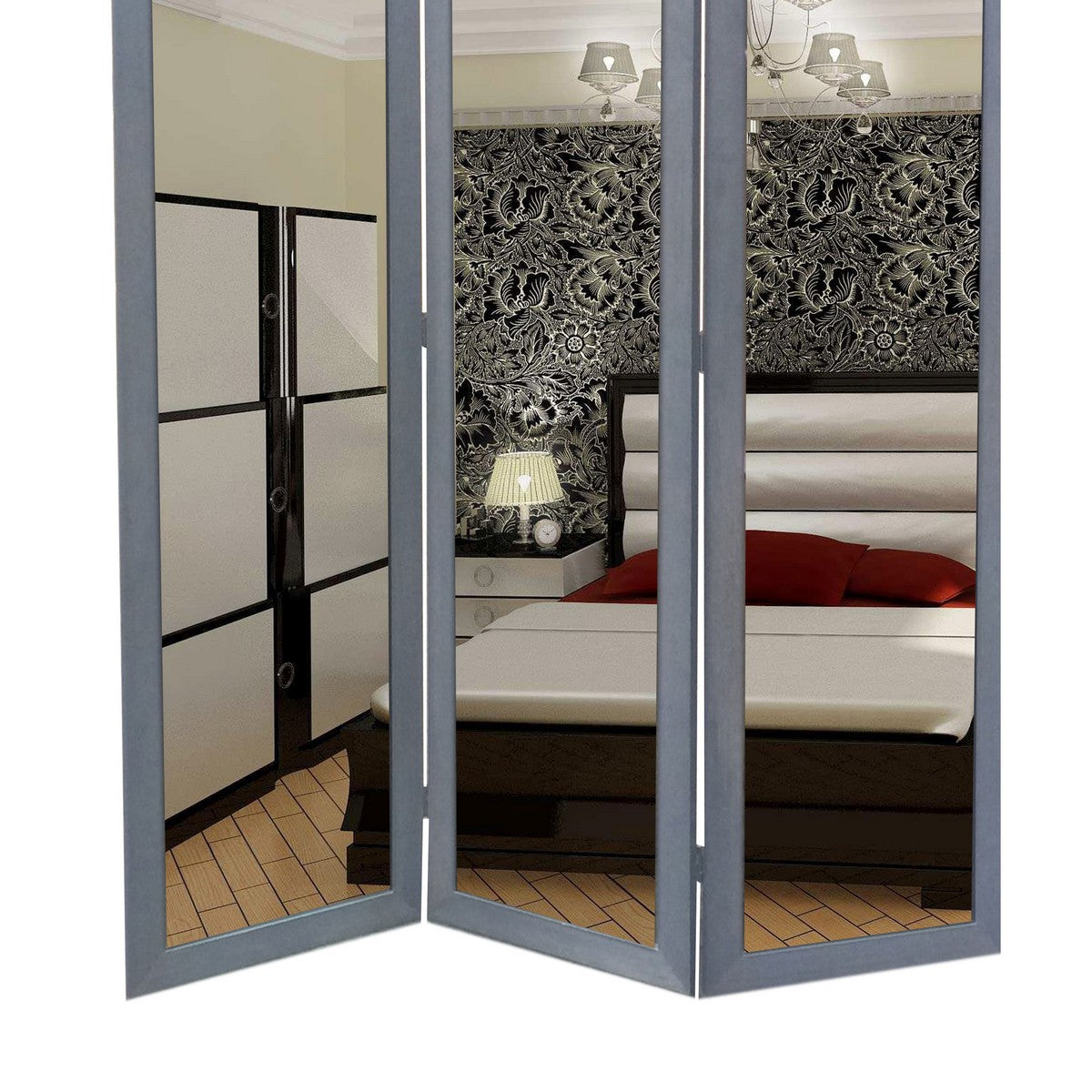 3 Panel Wooden Foldable Mirror Encasing Room Divider,Light Gray and Silver