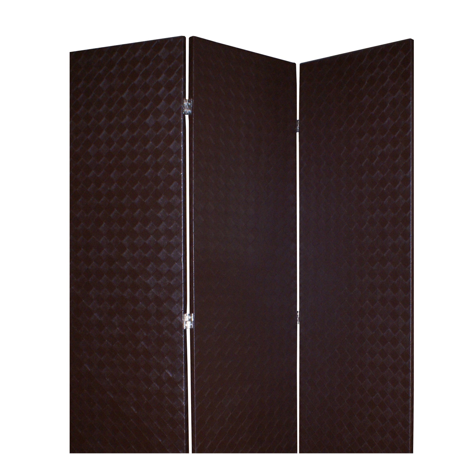 3 Panel Faux Leather Covered Room Divider with Criss Cross Design, Brown