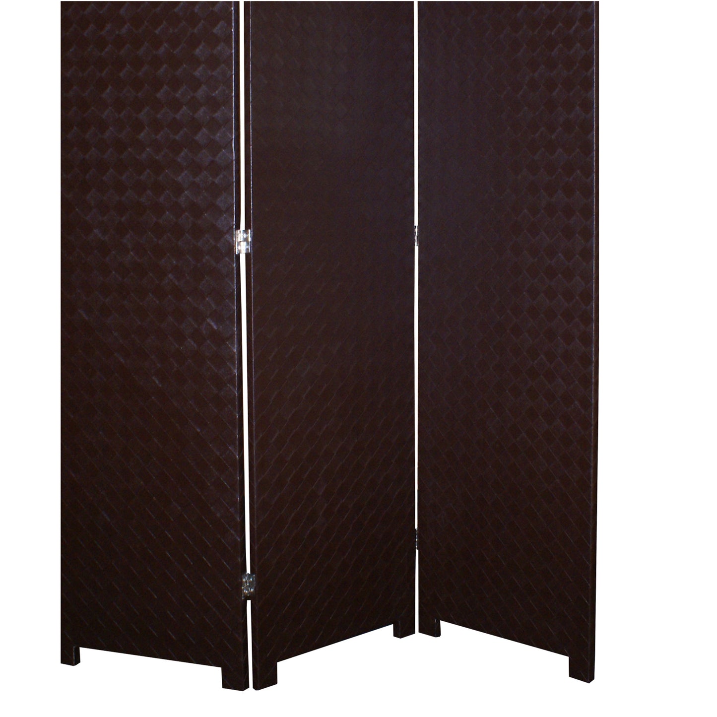 3 Panel Faux Leather Covered Room Divider with Criss Cross Design, Brown