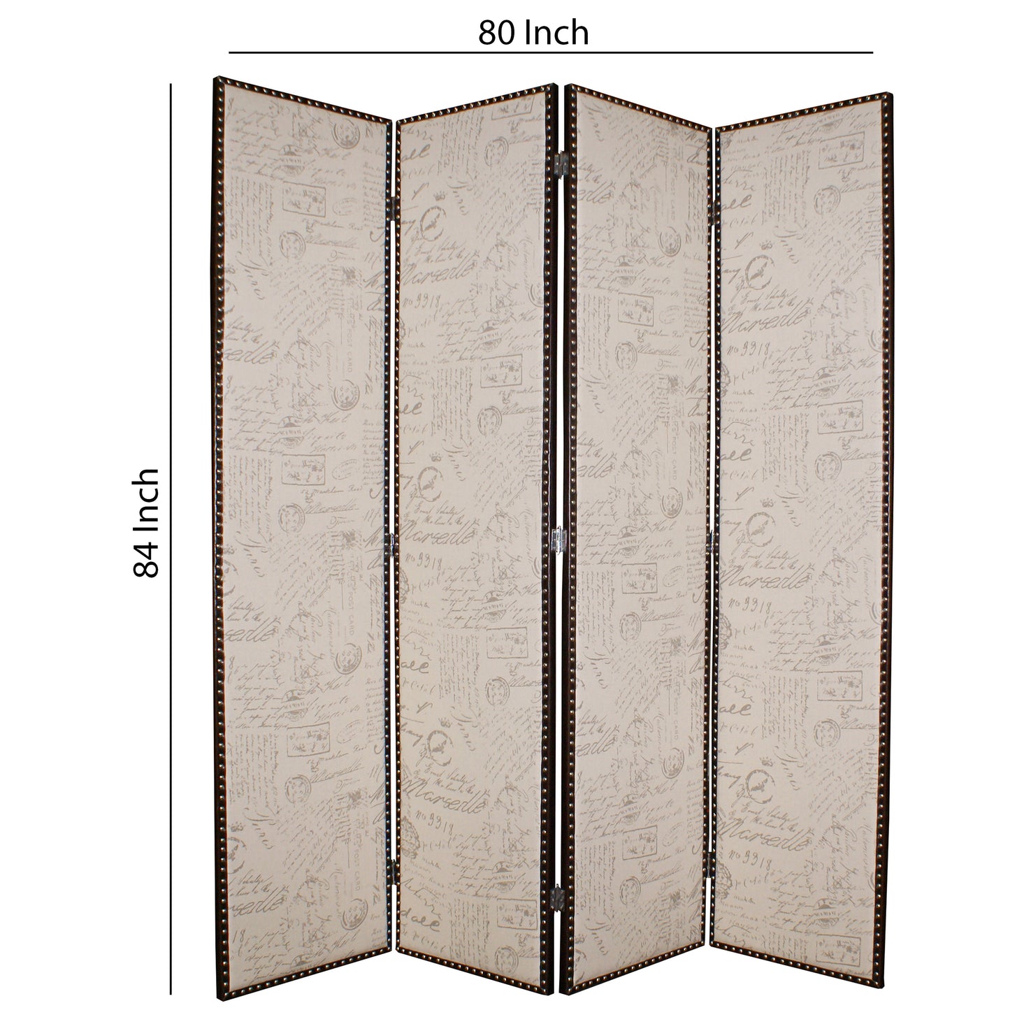 4 Panel Scripted Fabric Wooden Foldable Room Divider, Beige and Brown