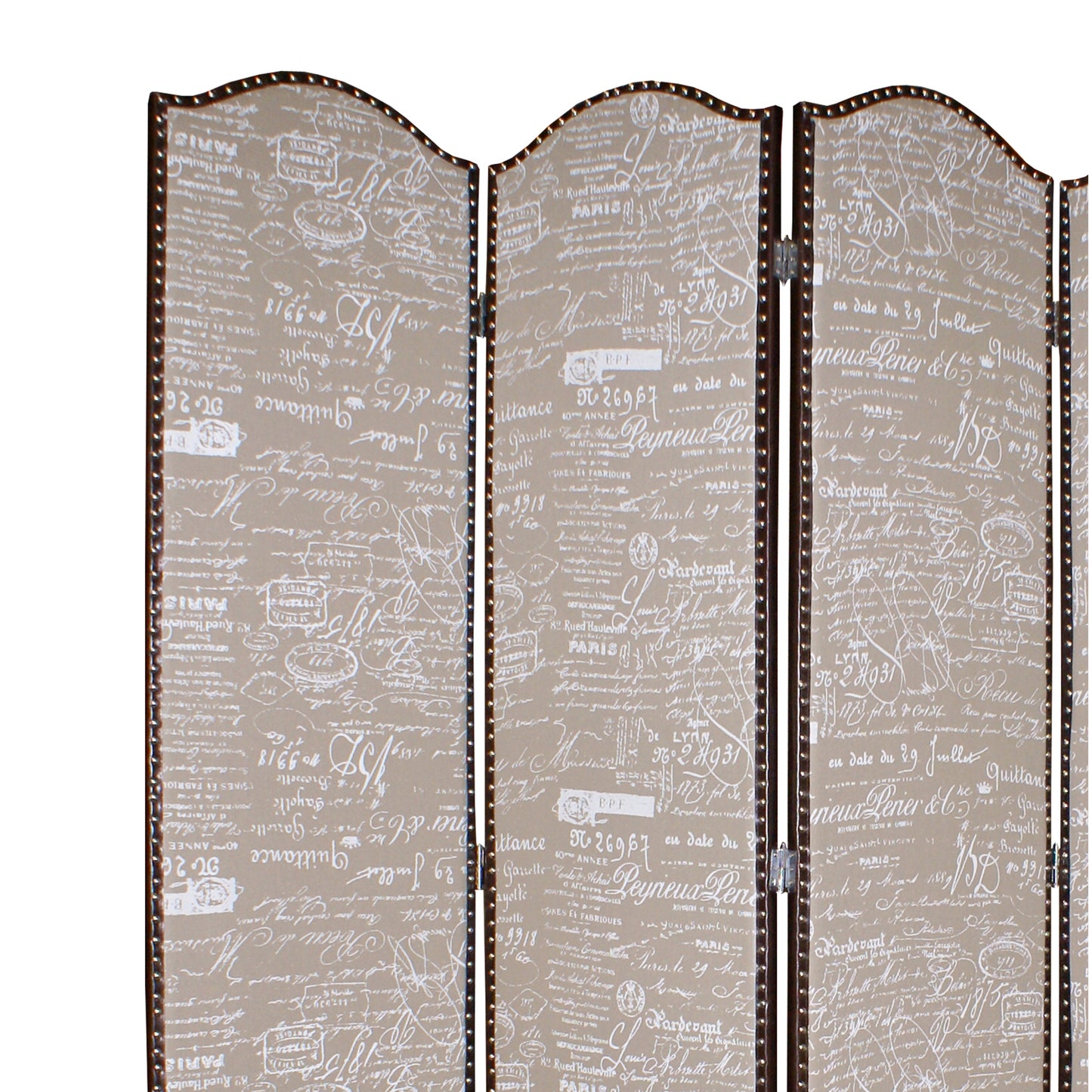 4 Panel Scripted Fabric Wooden Scalloped Room Divider, Beige and Brown