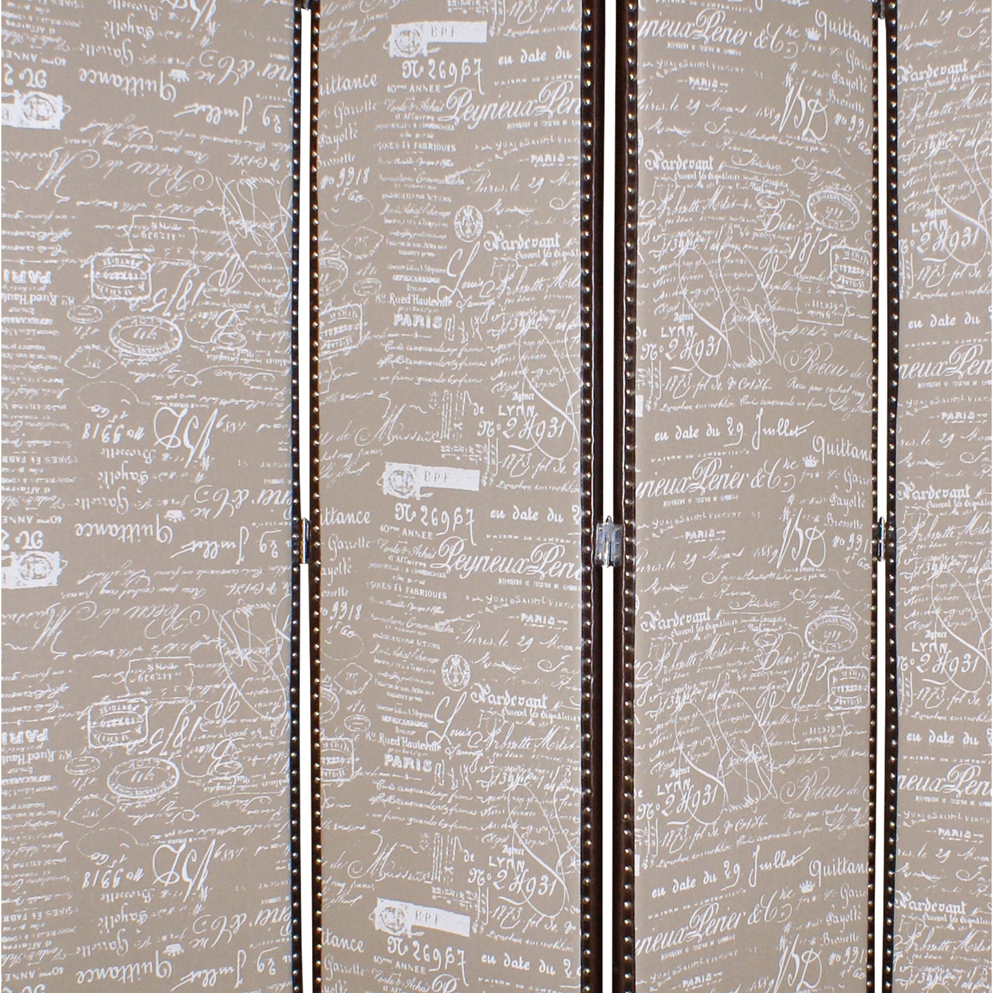 4 Panel Scripted Fabric Wooden Scalloped Room Divider, Beige and Brown