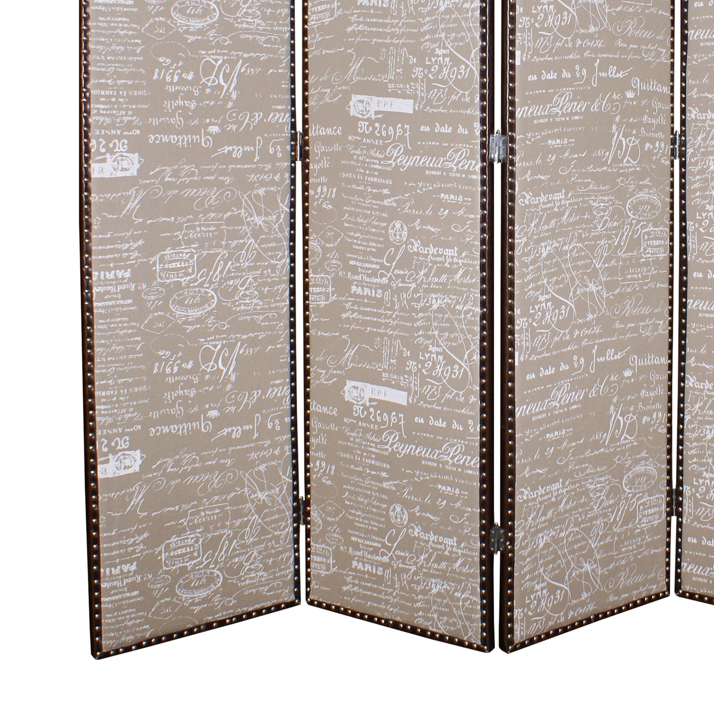 4 Panel Scripted Fabric Wooden Scalloped Room Divider, Beige and Brown