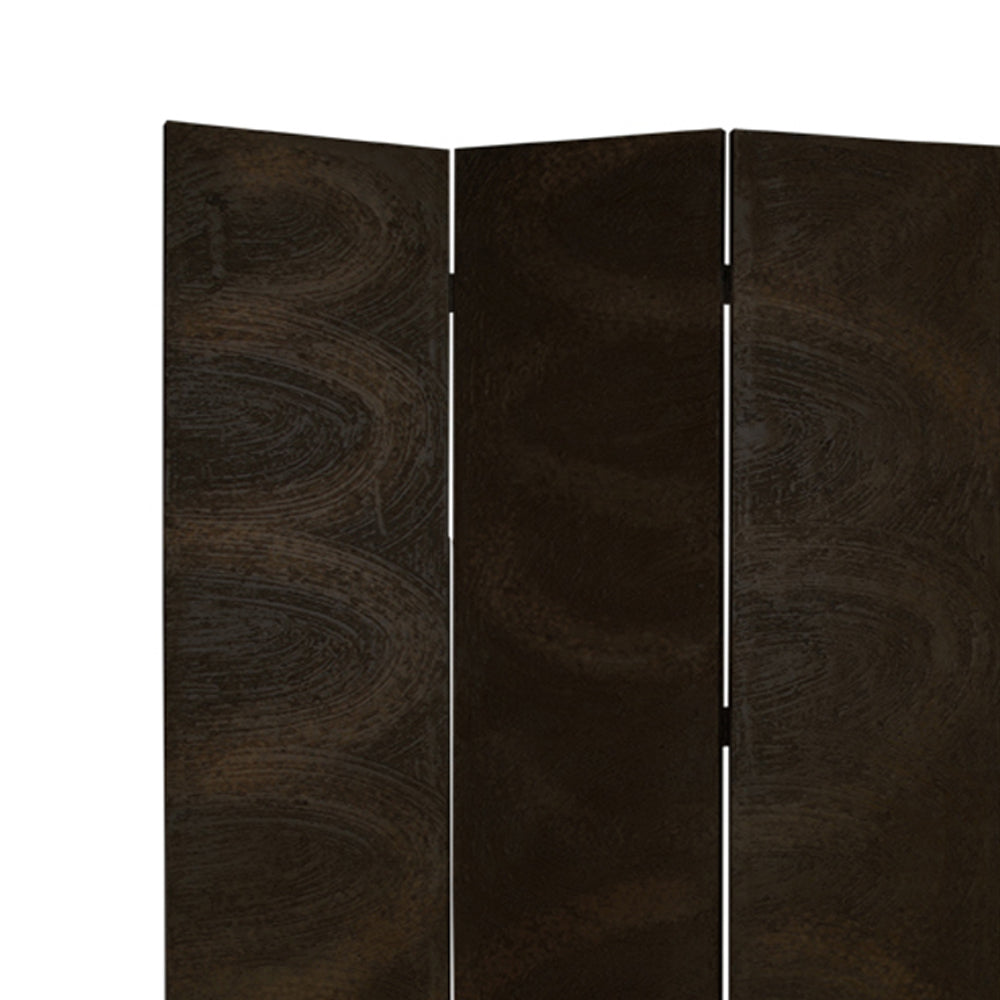 Foldable 3 Panel Canvas Room Divider with Swirl Details, Dark Brown