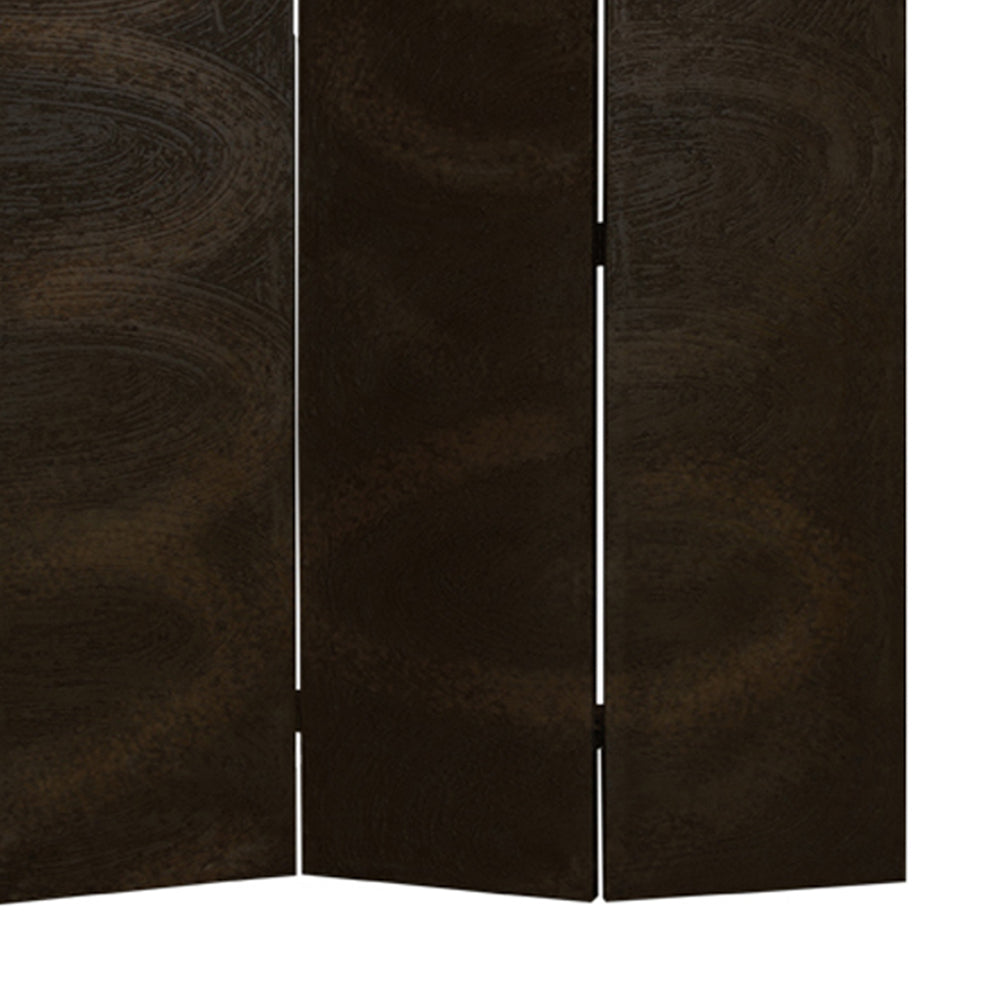 Foldable 3 Panel Canvas Room Divider with Swirl Details, Dark Brown