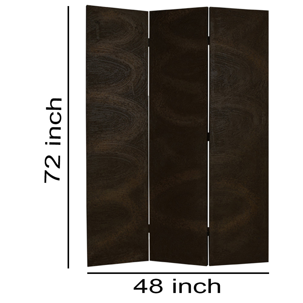 Foldable 3 Panel Canvas Room Divider with Swirl Details, Dark Brown