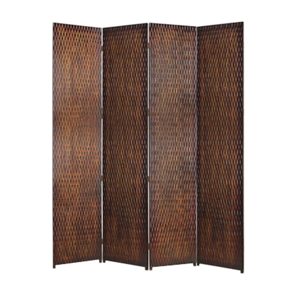 4 Panel Foldable Room Divider with Patterned Wood Panelling, Brown