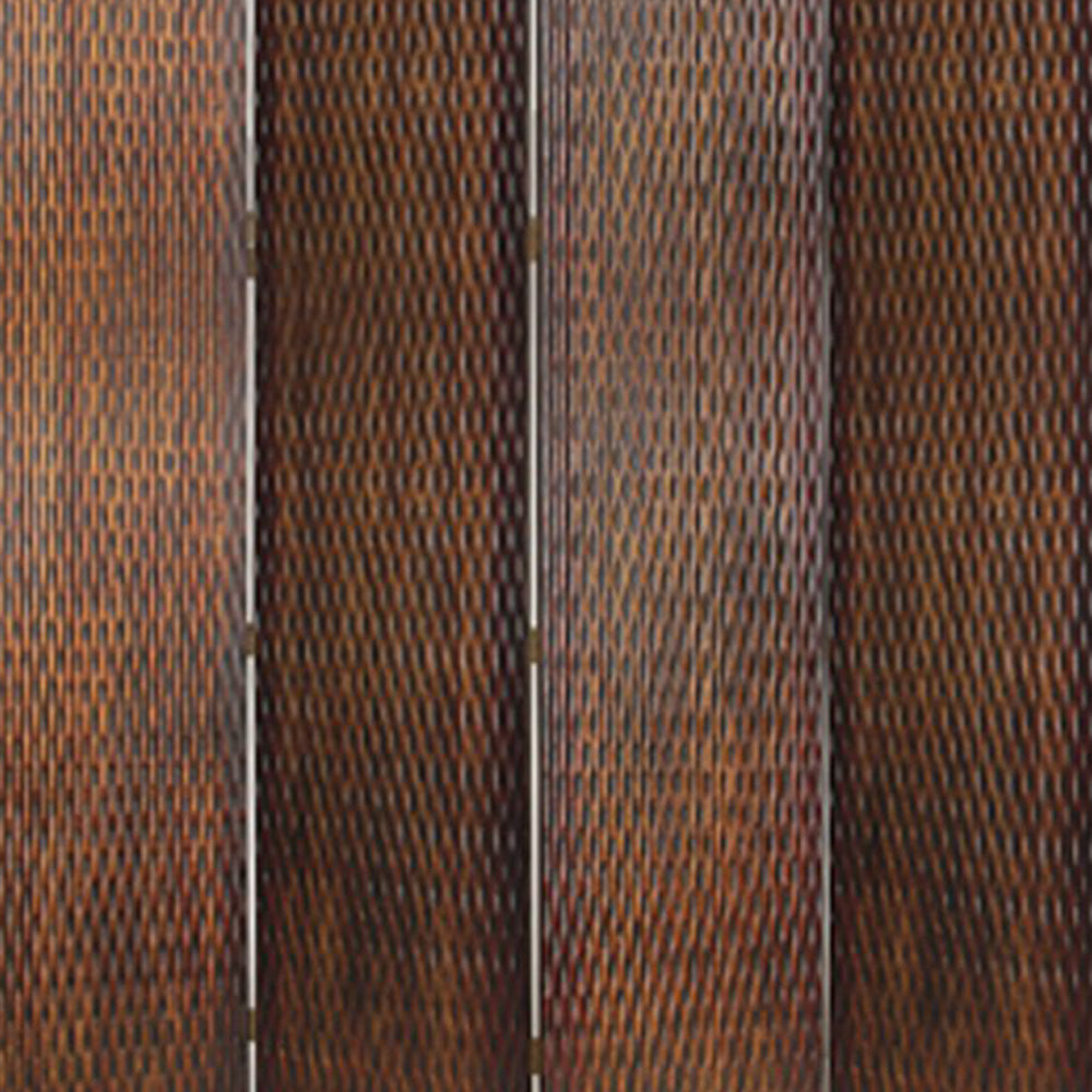 4 Panel Foldable Room Divider with Patterned Wood Panelling, Brown