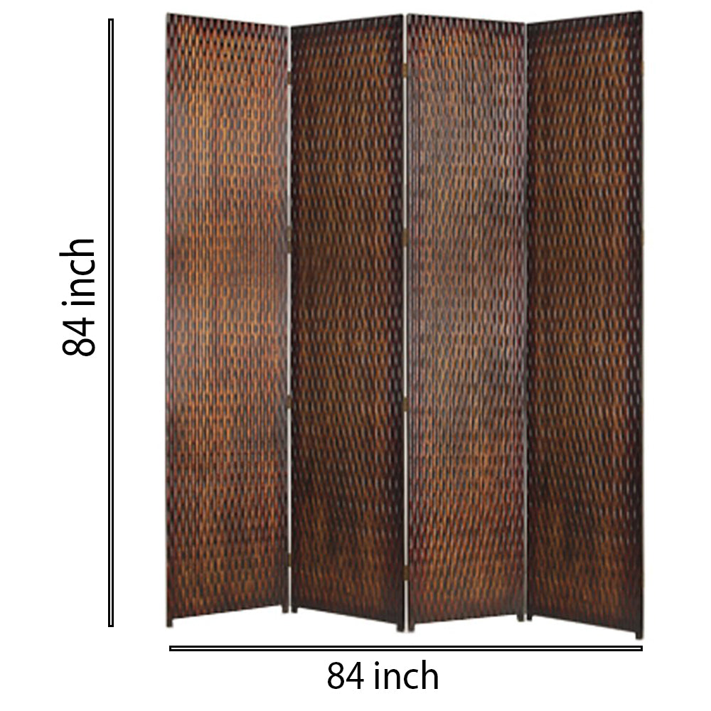 4 Panel Foldable Room Divider with Patterned Wood Panelling, Brown