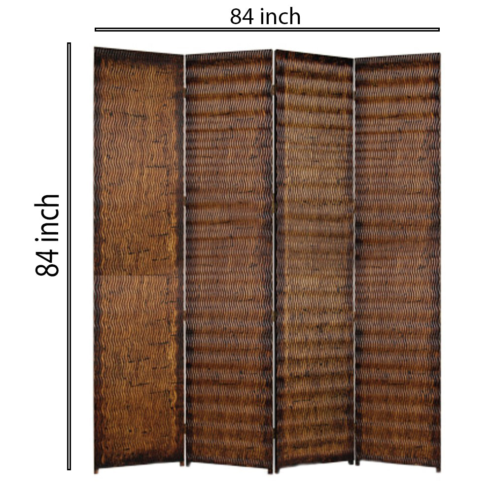 Dual Tone 4 Panel Wooden Foldable Room Divider with Wavy Design, Brown