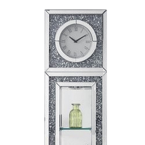 Mirrored Grandfather Clock With 1 Drawer And Faux Diamonds Silver