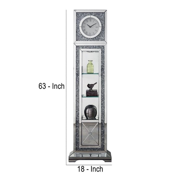 Mirrored Grandfather Clock With 1 Drawer And Faux Diamonds Silver
