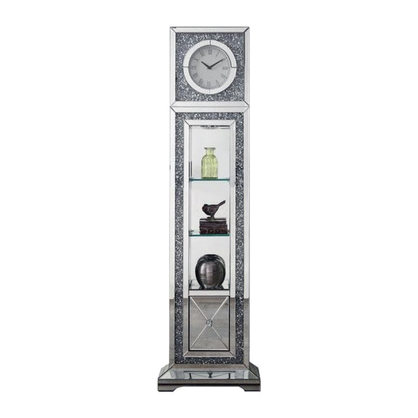 Mirrored Grandfather Clock With 1 Drawer And Faux Diamonds Silver
