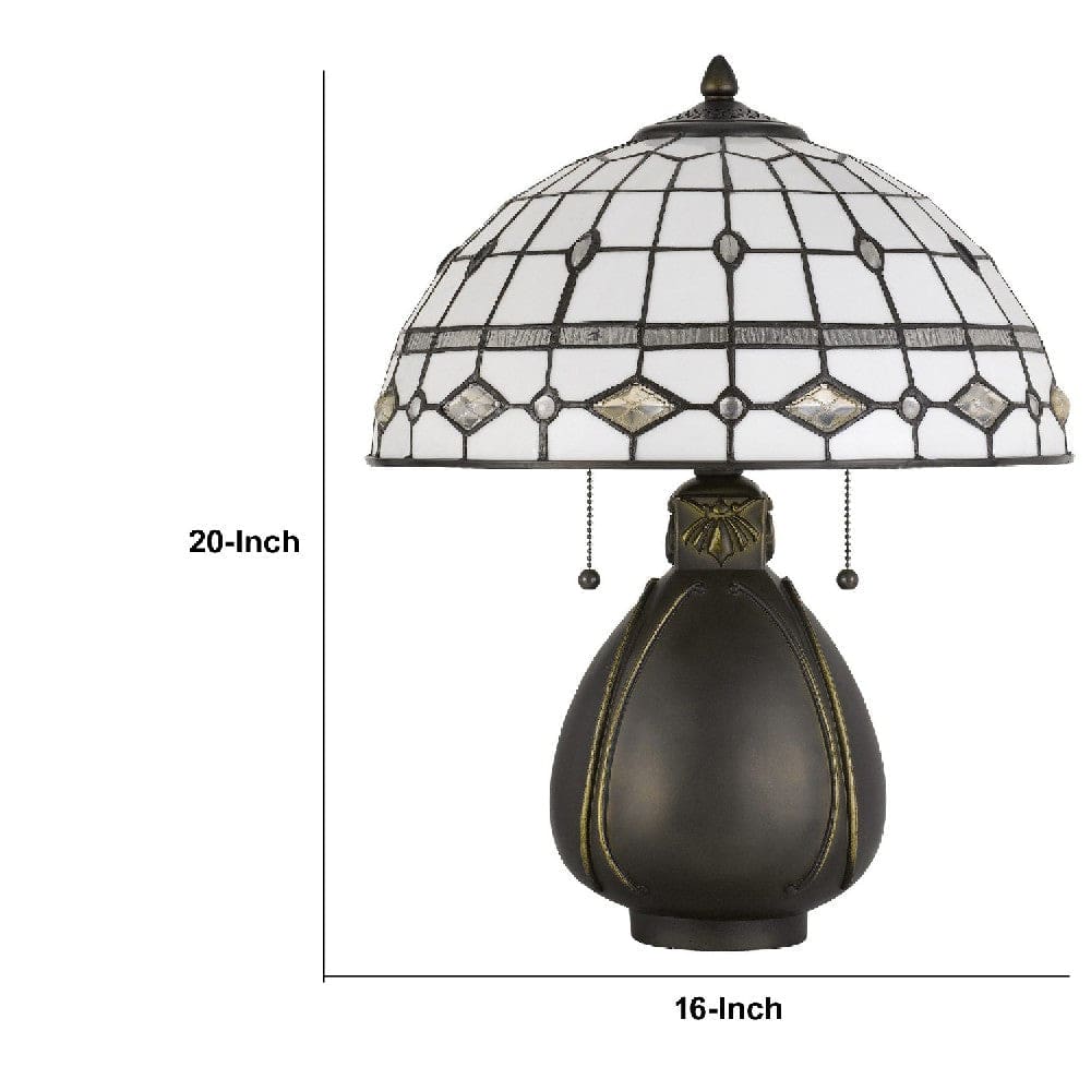 20 Inch Table Lamp with Tiffany Glass Gray Antique Brass