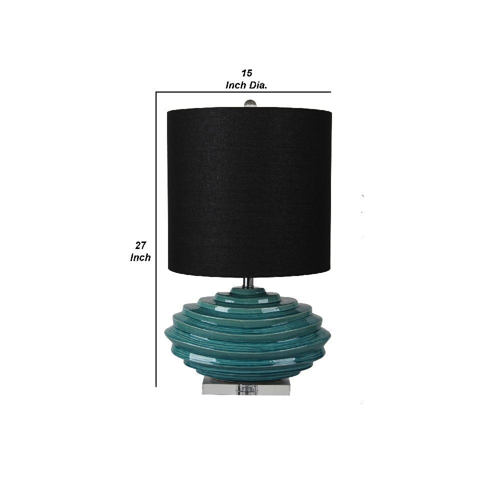 27 Inch Table Lamp with Stylized Spiral Ceramic Base Teal