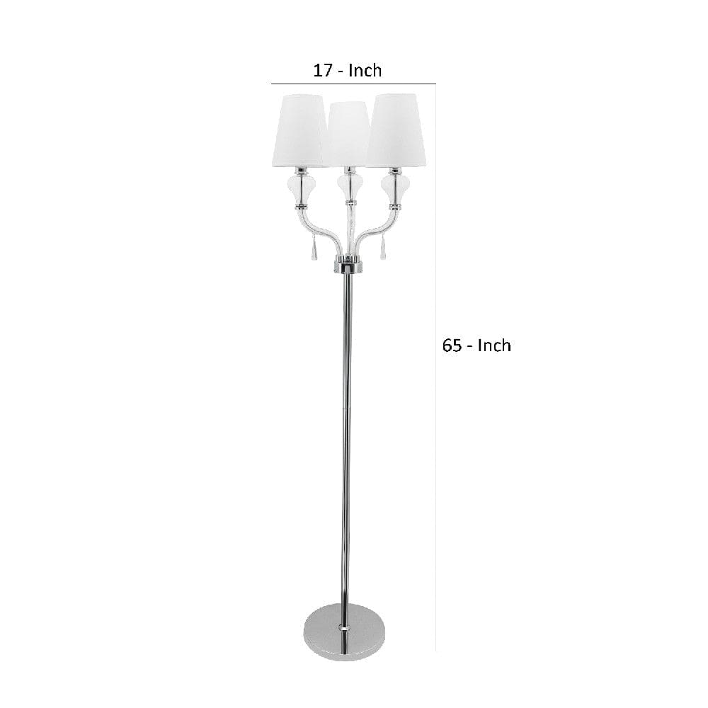 65 Inch Floor Lamp With 3 Flared Glass Accent Arms Silver