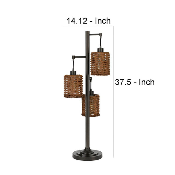 37 Inch Metal Table Lamp 3 Hanging Rattan Shades Bronze Black