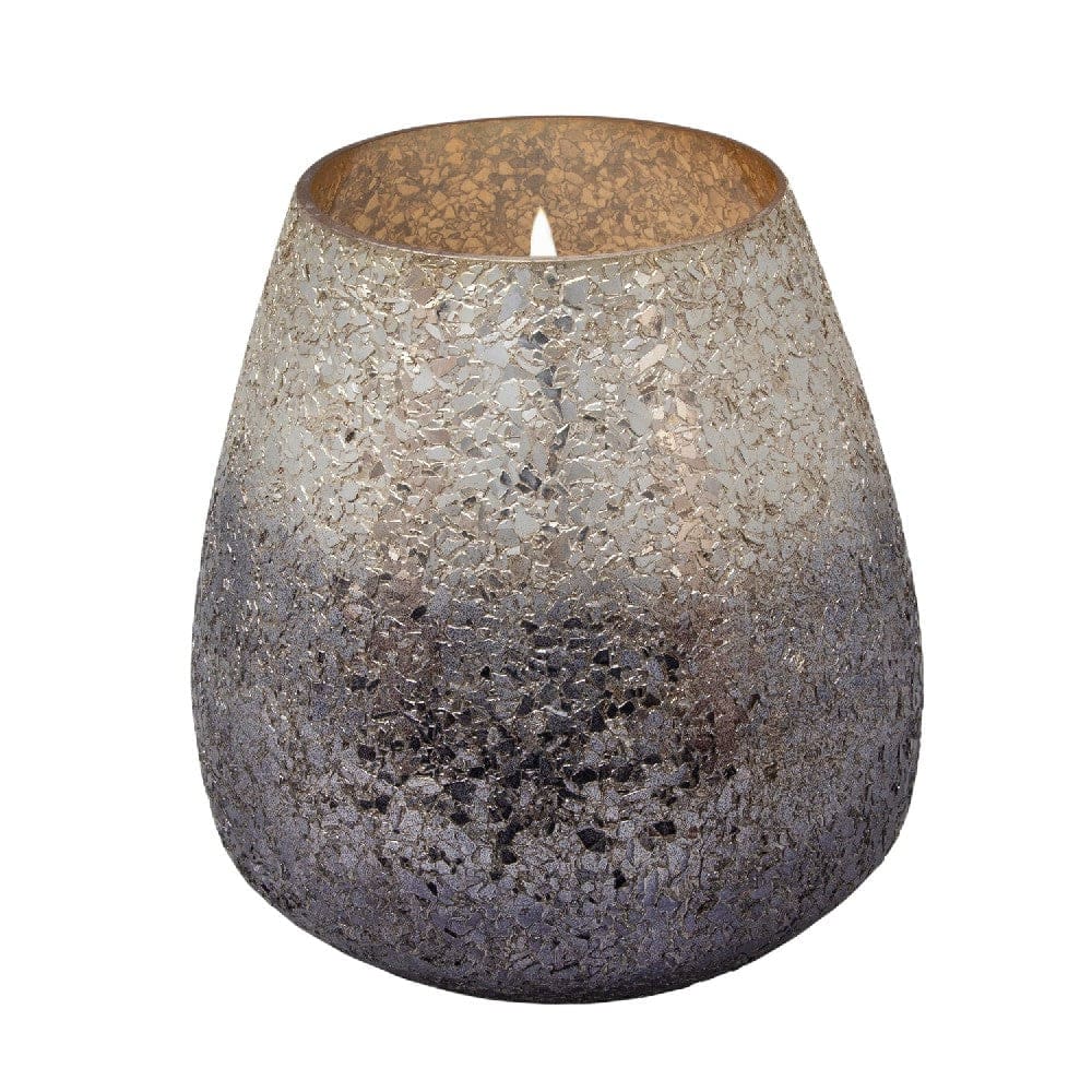7.25 Inch Candle With Round Glass Encasing And Shimmery Detail Silver