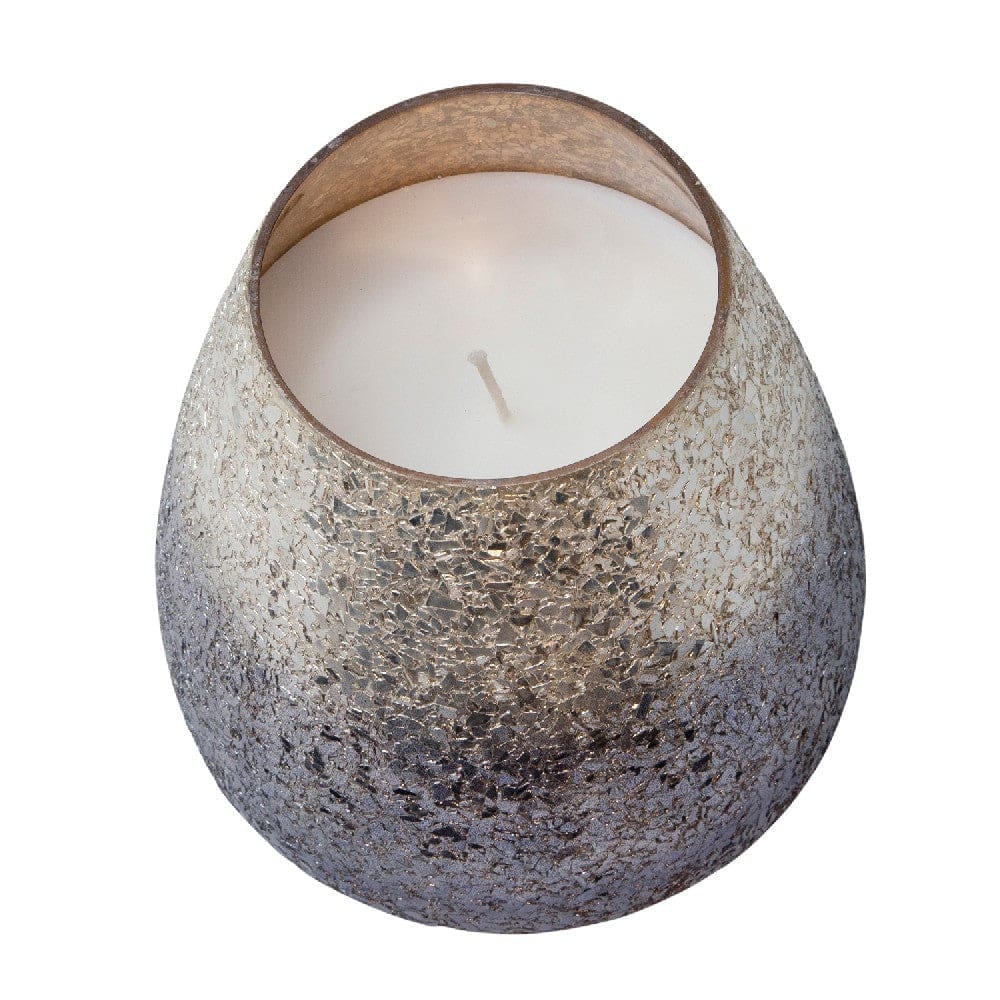 7.25 Inch Candle With Round Glass Encasing And Shimmery Detail Silver