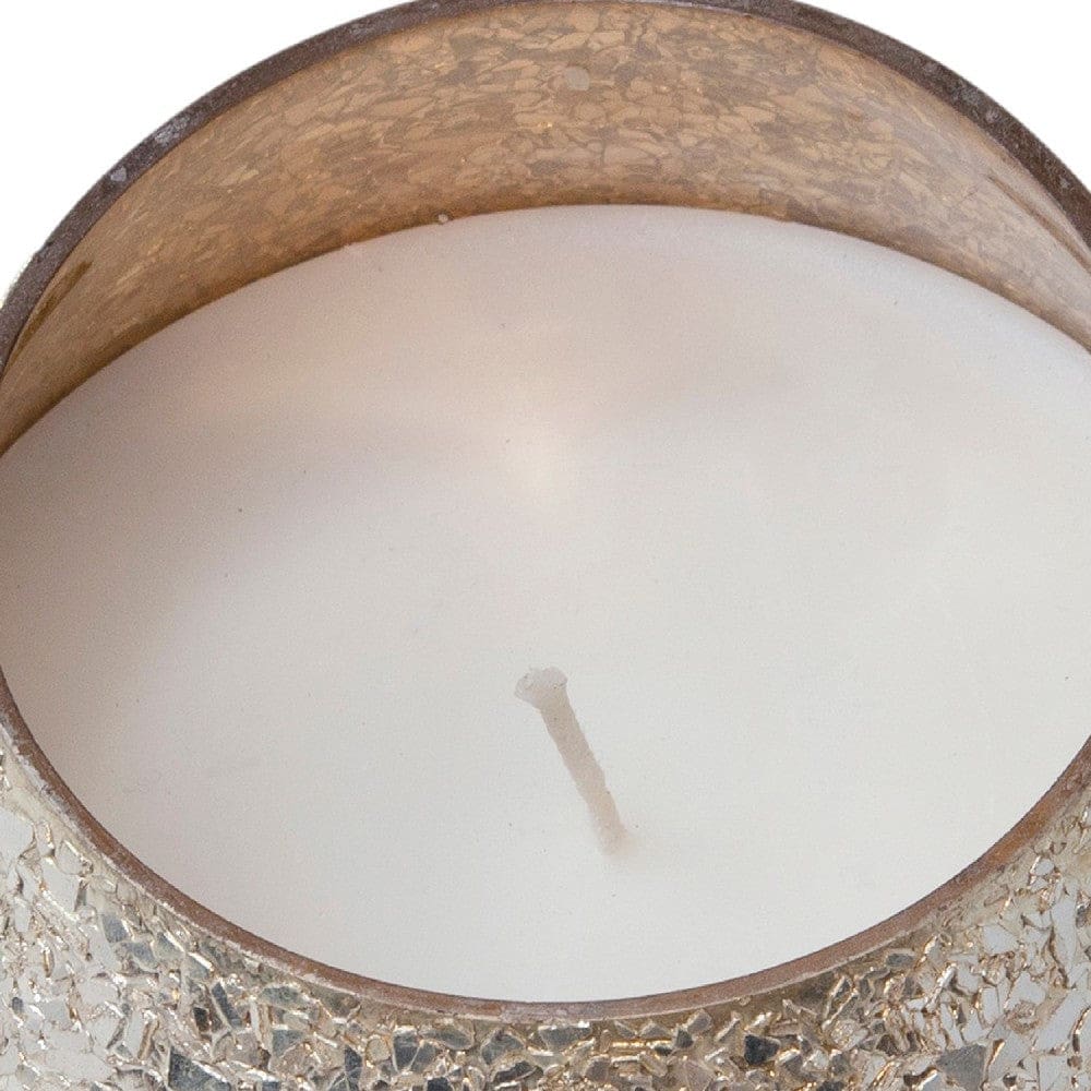 7.25 Inch Candle With Round Glass Encasing And Shimmery Detail Silver