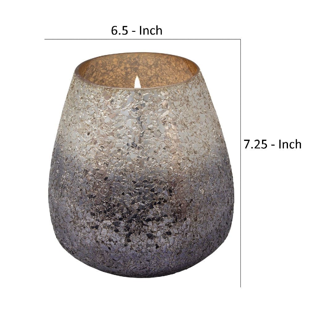 7.25 Inch Candle With Round Glass Encasing And Shimmery Detail Silver