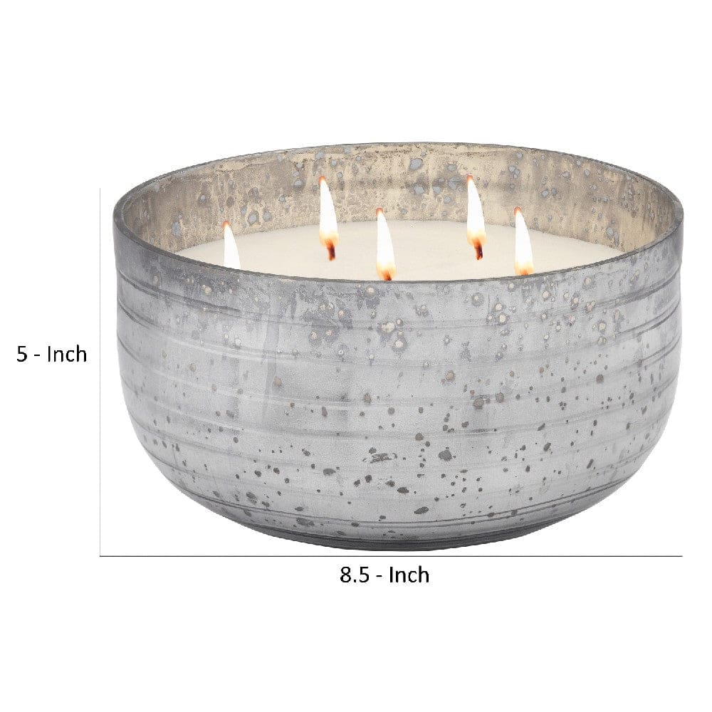 8.5 Inch Mindful Candle With Round Striped Bowl And Wax Gray