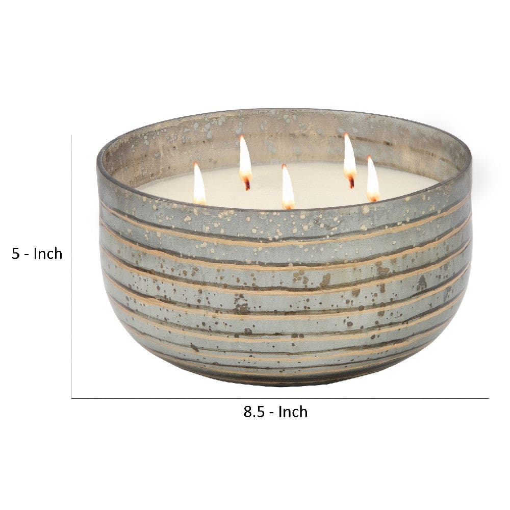 8.5 Inch Mindful Candle With Round Striped Bowl And Wax Bronze
