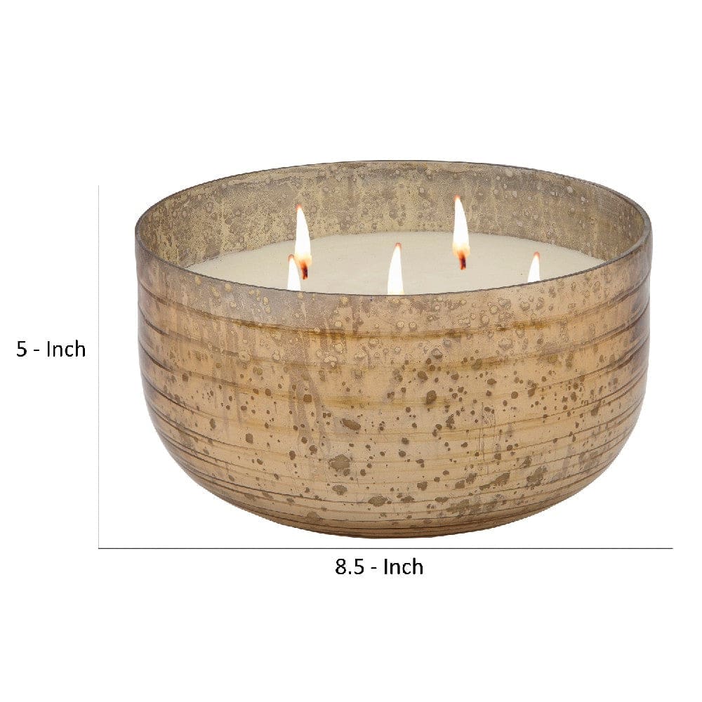 8.5 Inch Mindful Candle With Round Striped Bowl And Wax Gold