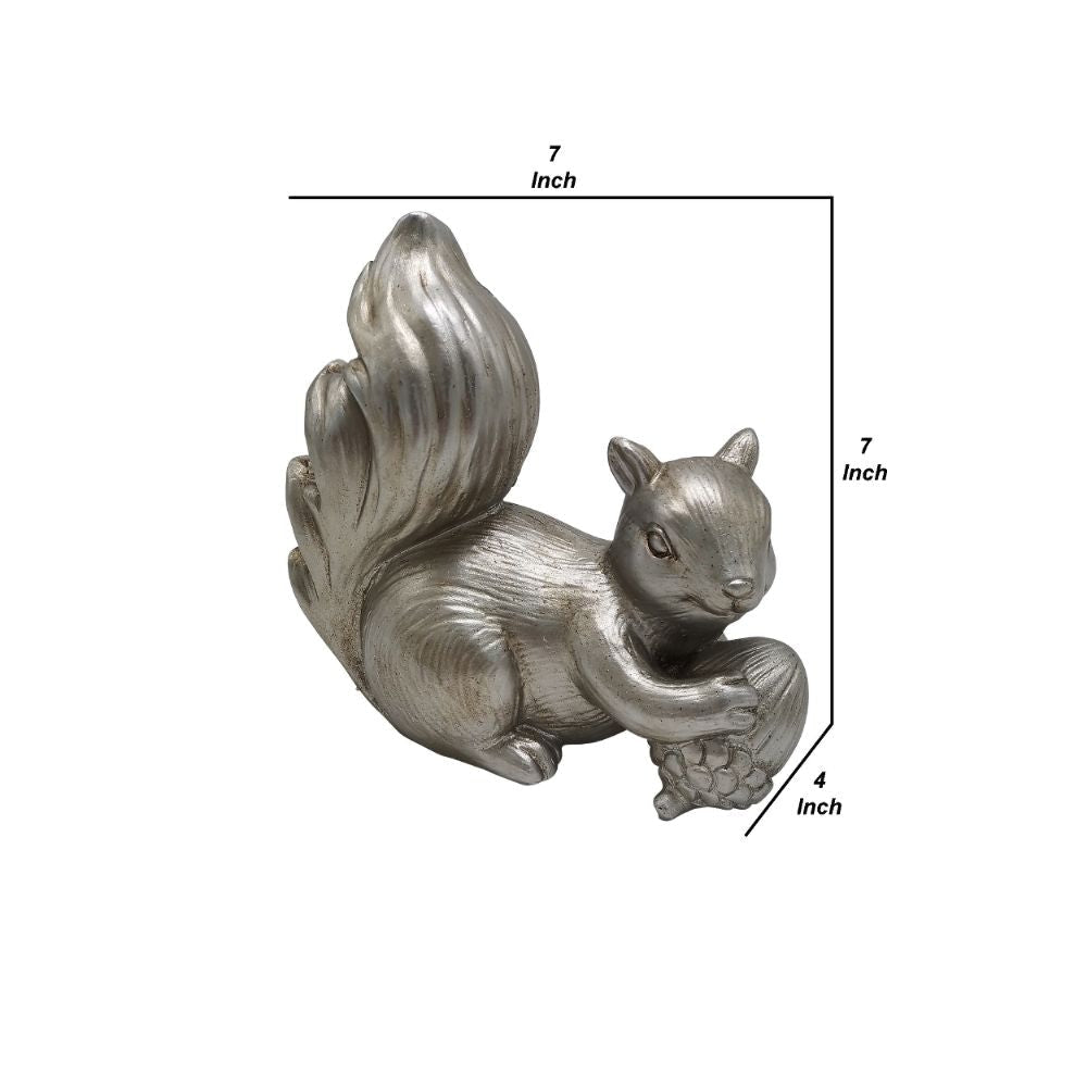 7 Inch Resin Accent Decor With Sitting Squirrel And Acorn Nut Silver