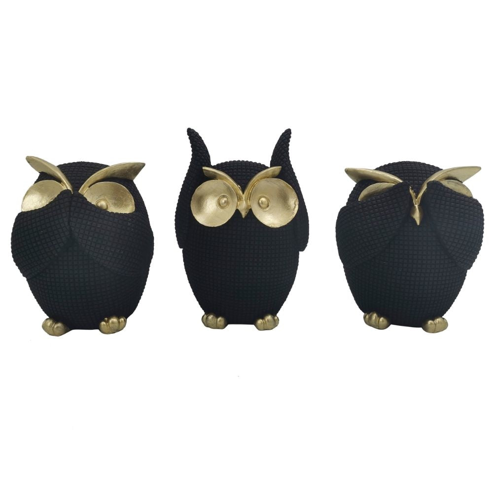 Resin Sitting Owl Accent Decor, See No Evil Owls Set Of 3 Black