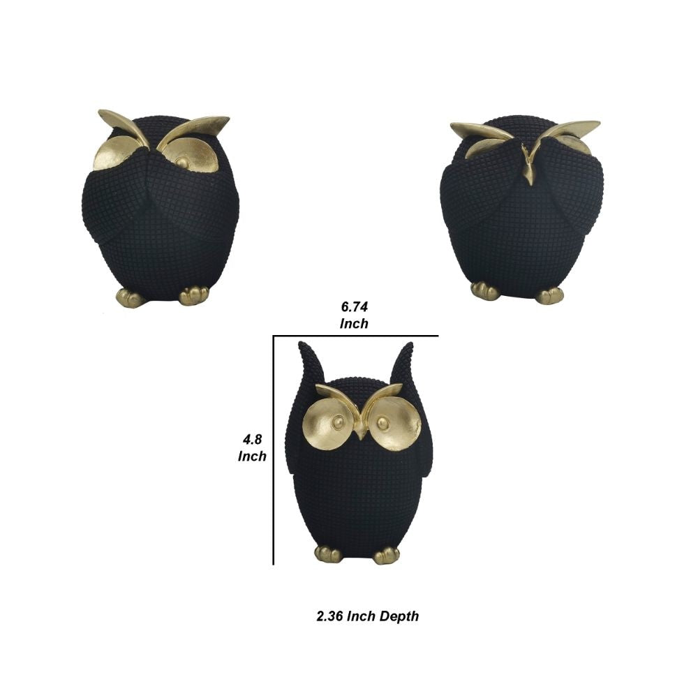 Resin Sitting Owl Accent Decor, See No Evil Owls Set Of 3 Black