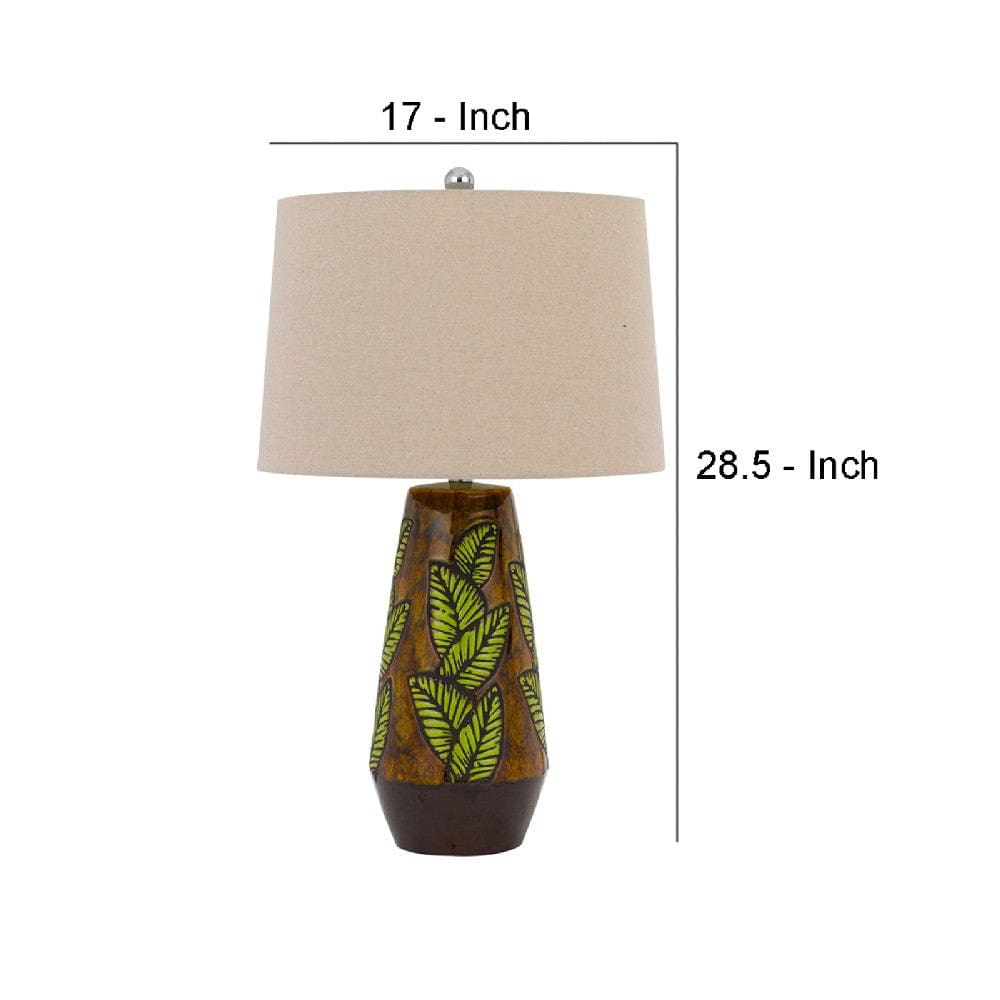 29 Inch Ceramic Table Lamp with Dimmer Leaf Base Brown
