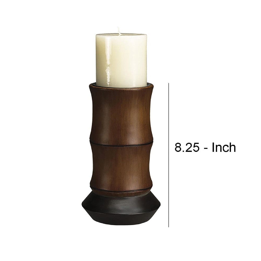 13 Inch Resin Candle Holder With Bamboo Column Design Brown