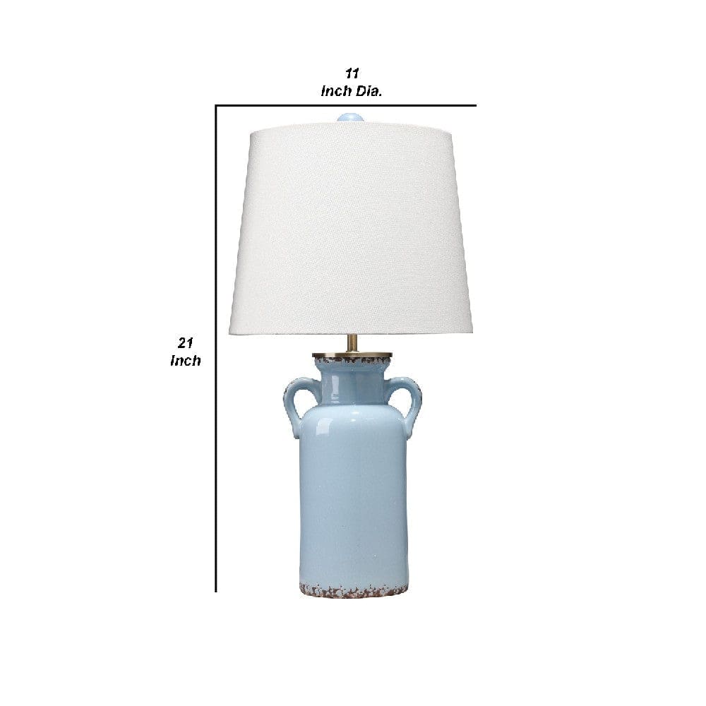 21 Inch Ceramic Table Lamp with Handles White and Blue