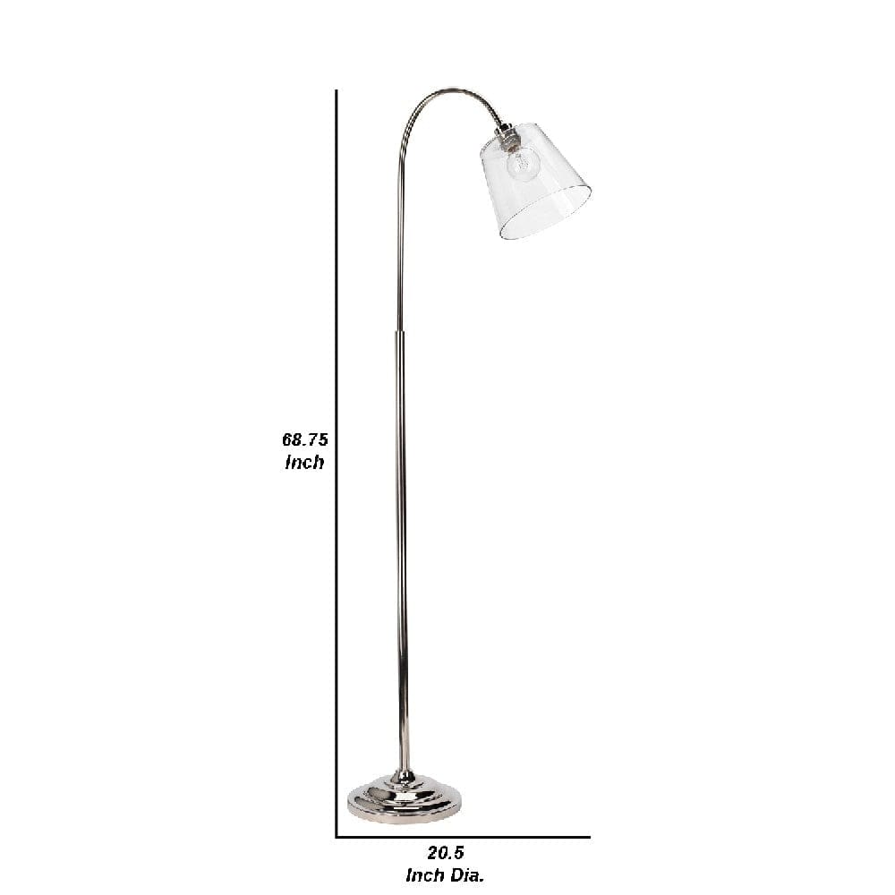 69 Inch Metal Floor Lamp With Clear Cone Glass Shade Silver