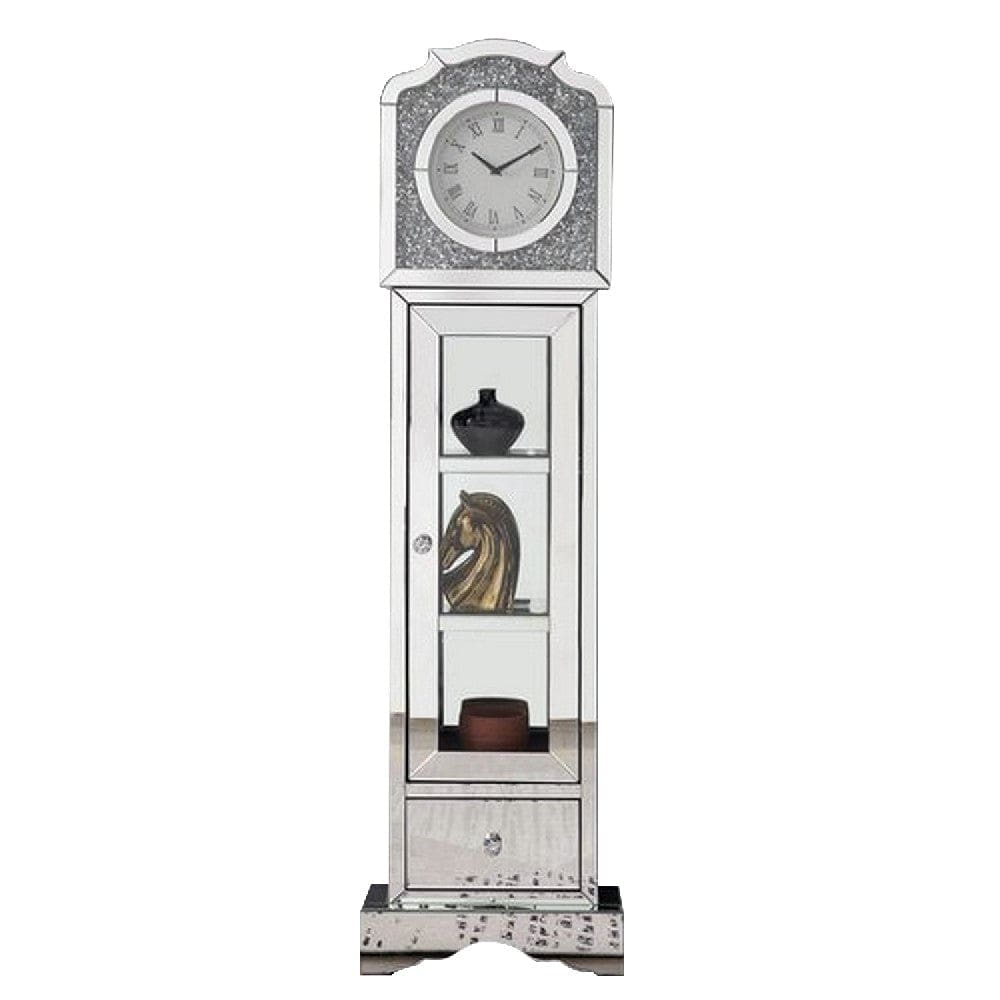 63 Inch Doe Mirrored Grandfather Clock 3 Shelves Ornate Design Silver