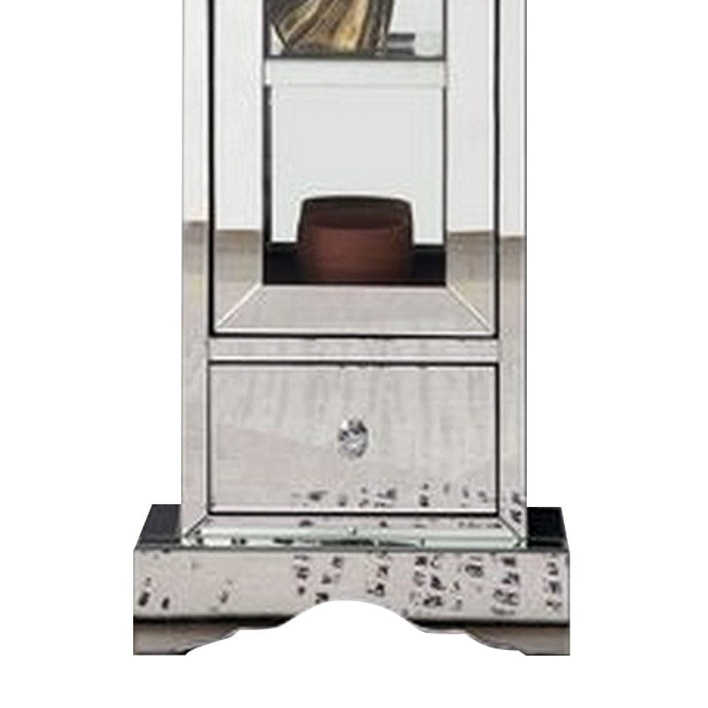 63 Inch Doe Mirrored Grandfather Clock 3 Shelves Ornate Design Silver