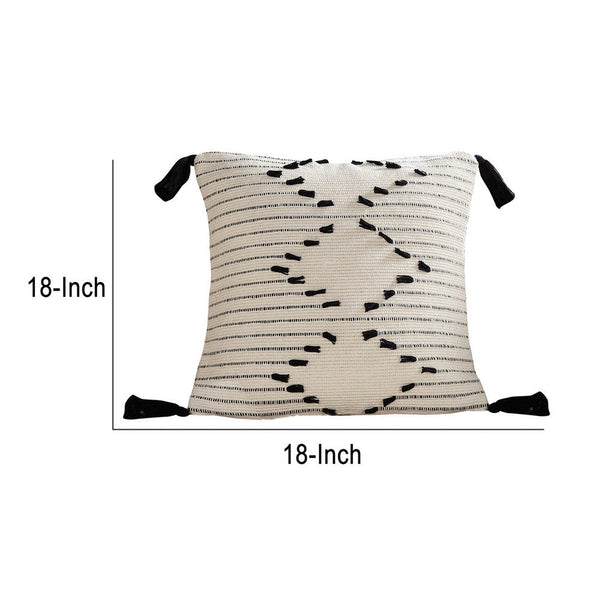 18 Inch Decorative Throw Pillow Cover Black Embroidery Tassels White