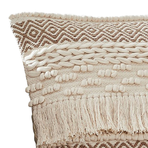 18 Inch Decorative Throw Pillow Cover Fringes Braids Beige Fabric