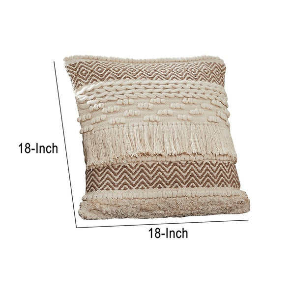 18 Inch Decorative Throw Pillow Cover Fringes Braids Beige Fabric
