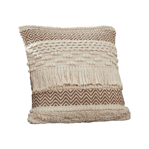 18 Inch Decorative Throw Pillow Cover Fringes Braids Beige Fabric