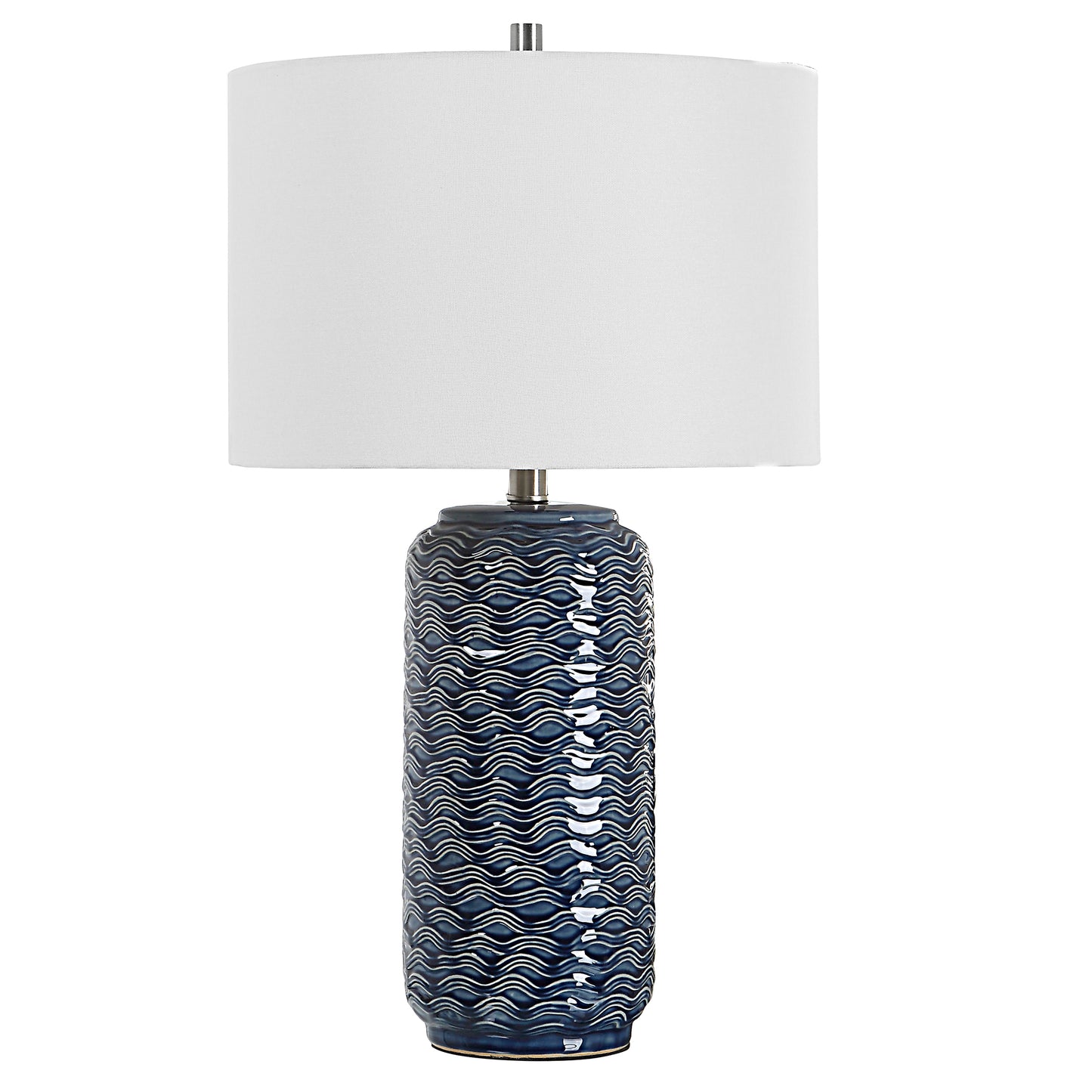 27 Inch Ceramic Table Lamp Wavy Texture Blue Silver White