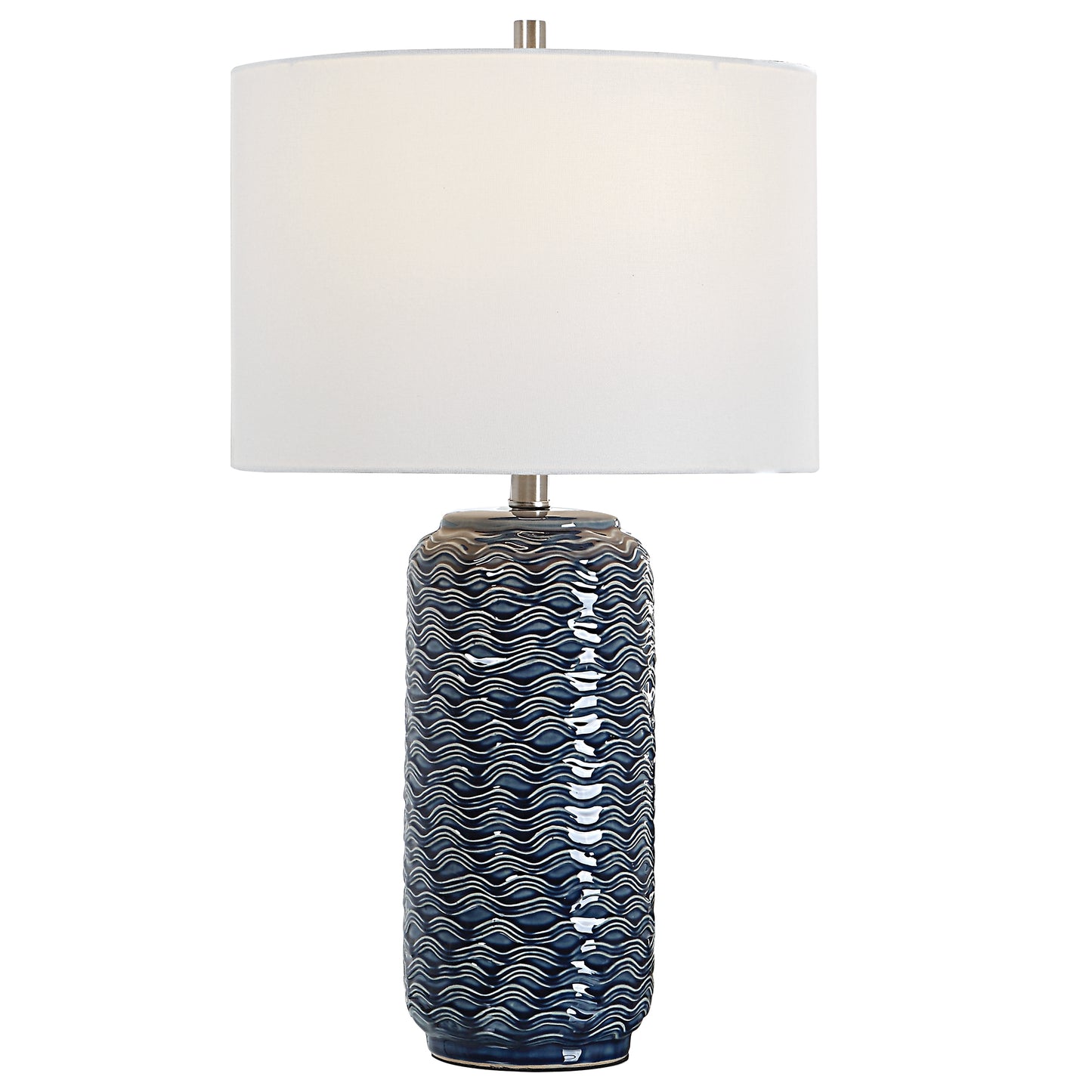 27 Inch Ceramic Table Lamp Wavy Texture Blue Silver White