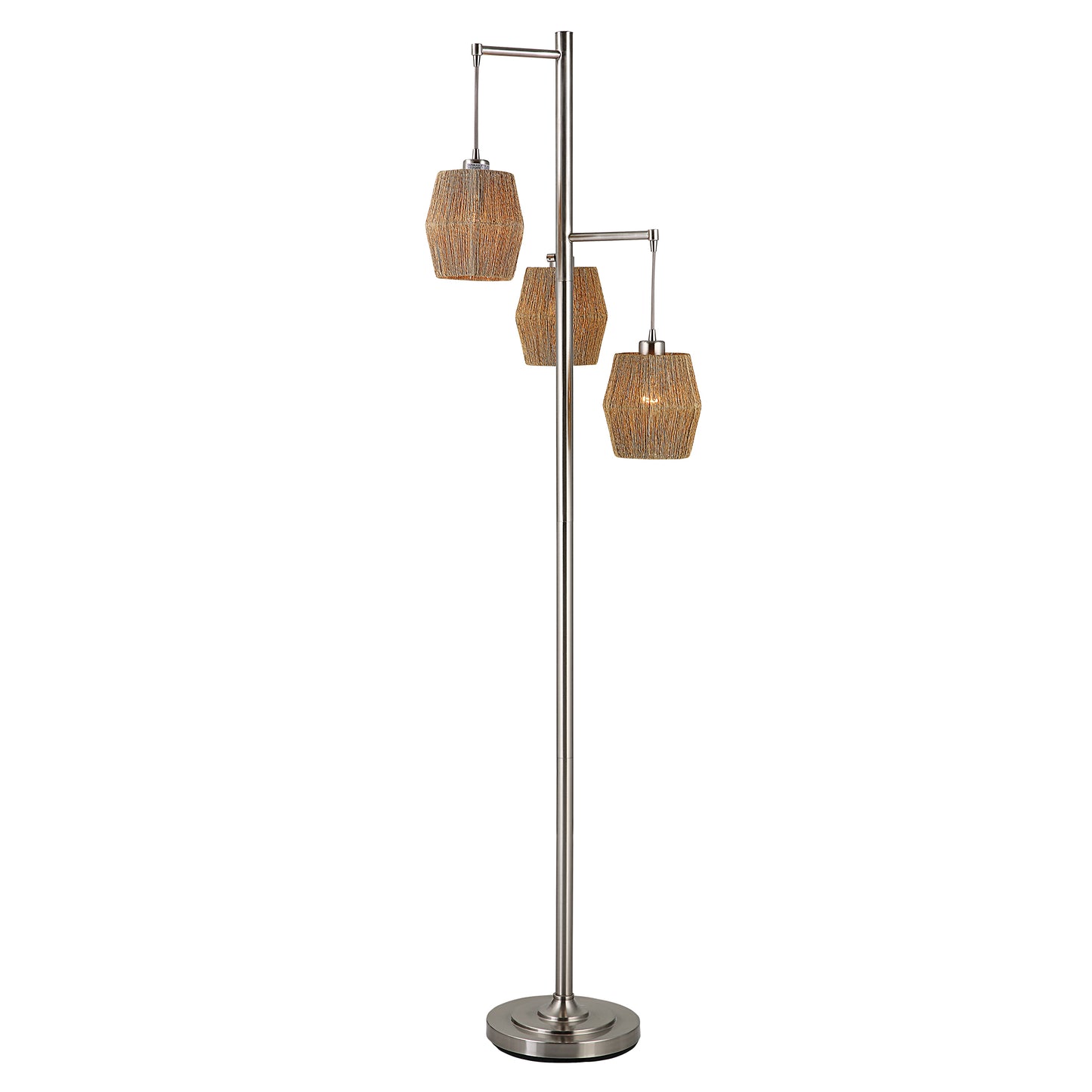 73 Inch Metal Floor Lamp Three Drum Shaped Rope Shades Silver Brown