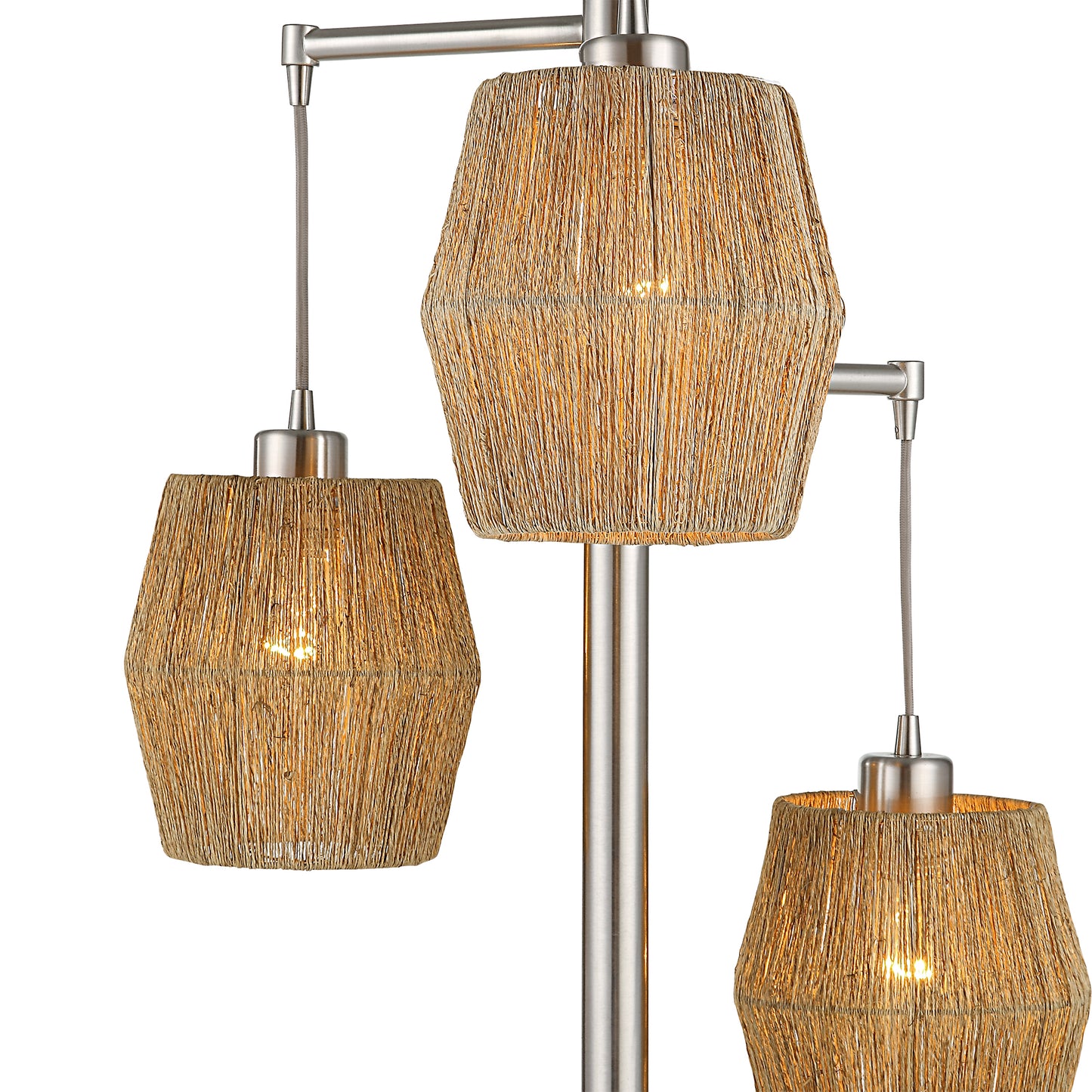 73 Inch Metal Floor Lamp Three Drum Shaped Rope Shades Silver Brown