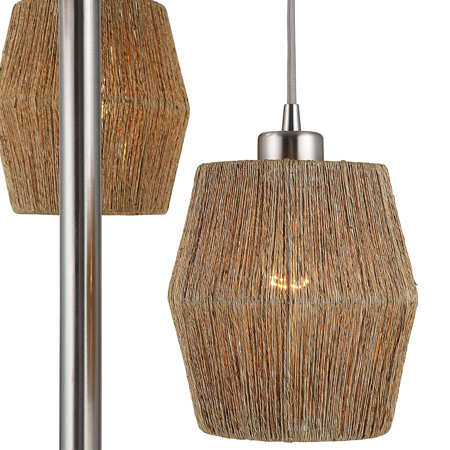 73 Inch Metal Floor Lamp Three Drum Shaped Rope Shades Silver Brown