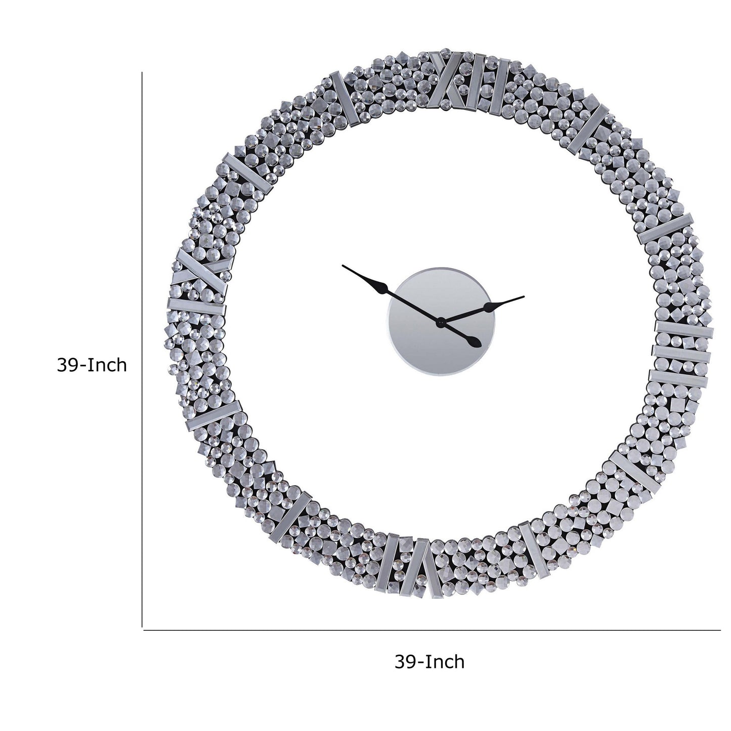 39 Inch Modern Analog Wall Clock Faux Gem Inlay Quartz Silver