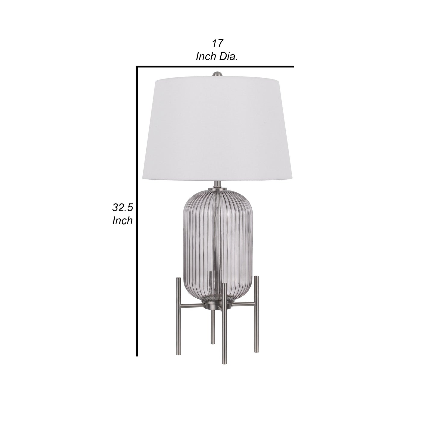 33 Inch Modern Table Lamp Rounded Glass Fluted Body Steel Stand White