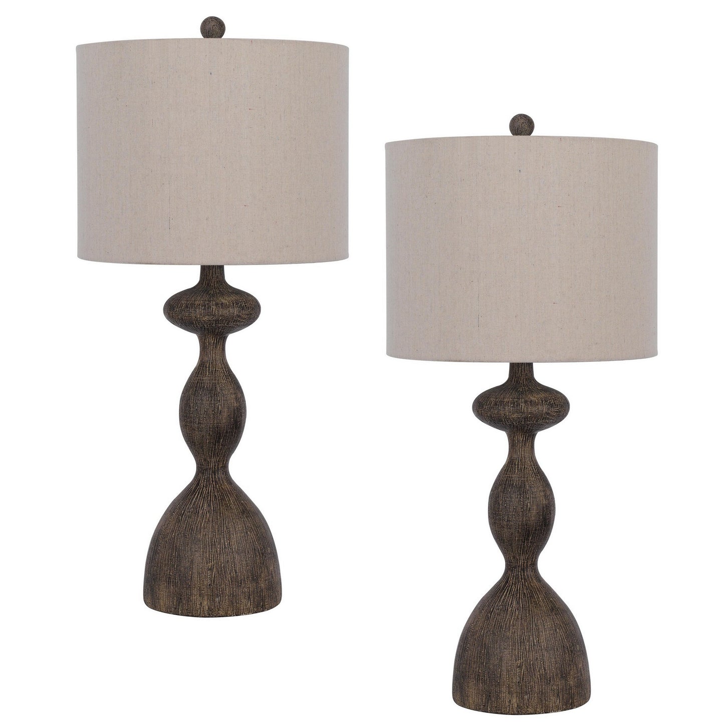 30 Inch 2 Table Lamps Resin Accent Turned Base Rustic Wood Brown Beige