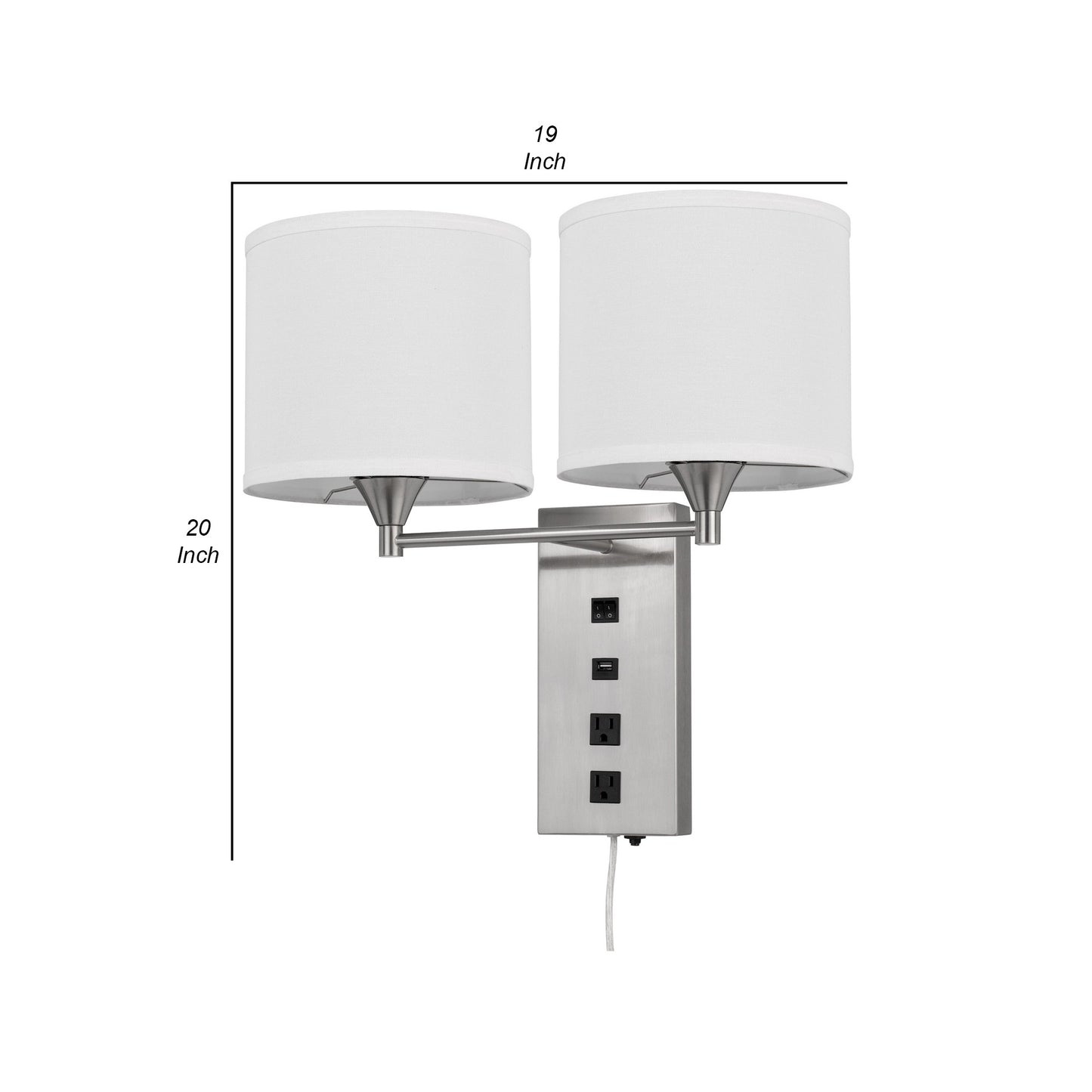 Rexi Modern Metal Wall Lamp 2 Shades Usb 2 Power Outlets White Silver